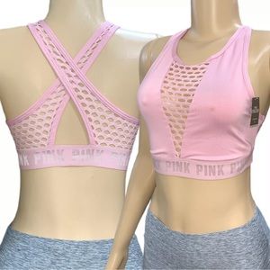 VICTORIAS SECRET Pink Ultimate Logo Fishnet High Neck Sports Bra S - M Pink